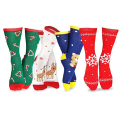 TeeHee Christmas and Holiday Fun Novelty Crew Socks for Women 4-Pairs (9-11, Teddy Bear-Candy Cane-Reindeer)