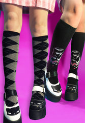 2 Pair Argyle Kitten Club Knee High Socks