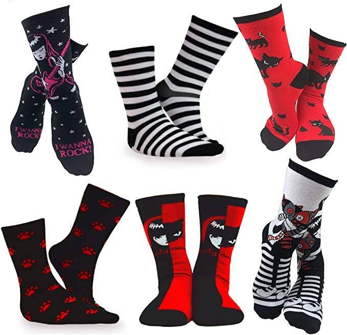 [Emily the Strange] Fun Colorful Patterns Crew Socks – 6 Pair (3021)