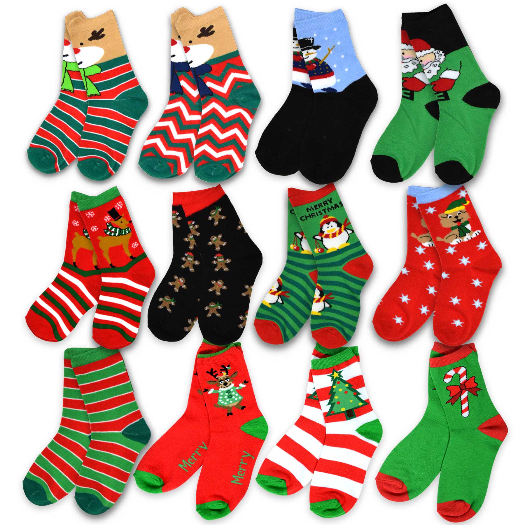 TeeHee Christmas 12-Pack Cotton Socks, Gift Box for Kids (Christmas)