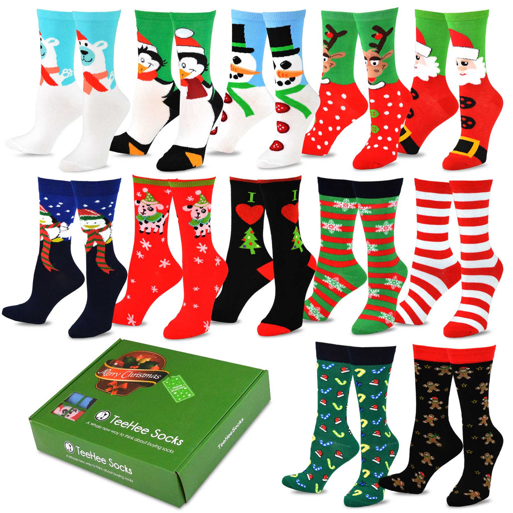 TeeHee Christmas 12-Pack Cotton Socks, Gift Box for Kids (6-8 Years, Christmas)