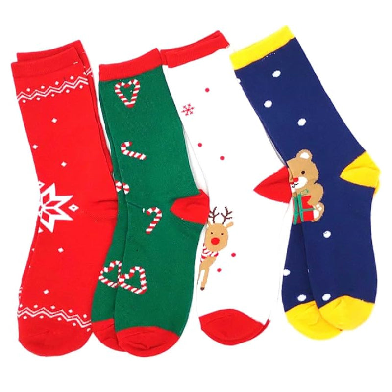 TeeHee Christmas and Holiday Fun Novelty Crew Socks for Women 4-Pairs (9-11, Teddy Bear-Candy Cane-Reindeer)
