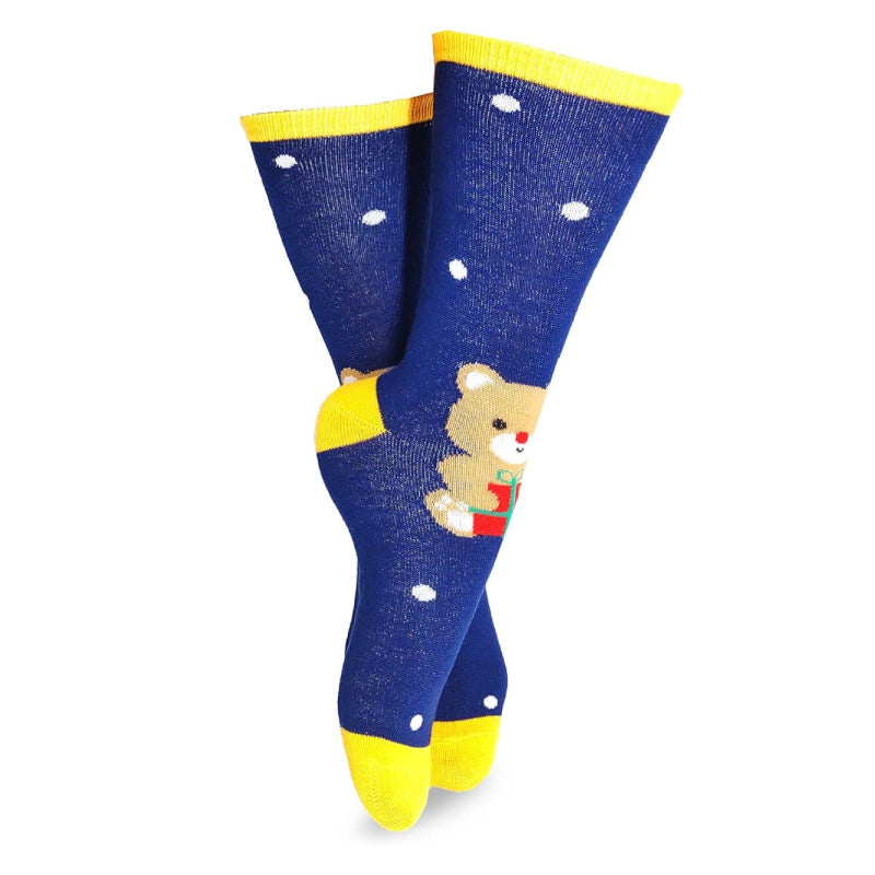 TeeHee Christmas and Holiday Fun Novelty Crew Socks for Women 4-Pairs (9-11, Teddy Bear-Candy Cane-Reindeer)