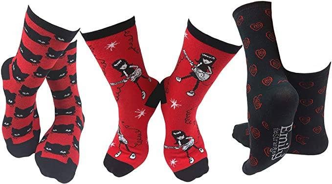 [Emily the Strange] Red Cats, Stars & Paw Emily Crew Socks – 3 Pair (2066)