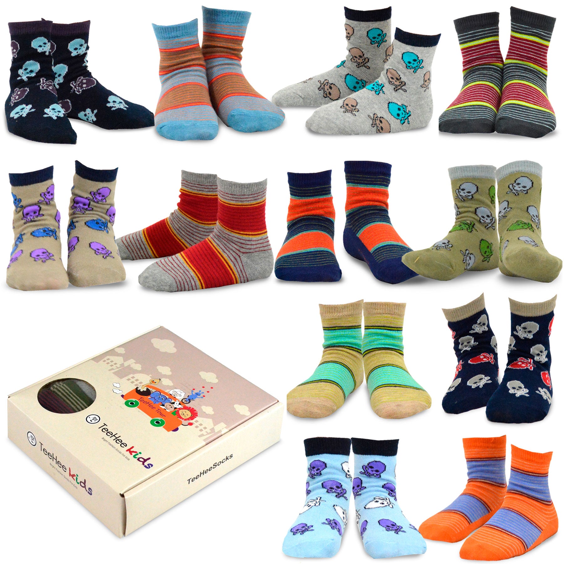 TeeHee Kids Boys Cotton Fun Crew Socks 12 Pair Pack (6-8 Years, Multi Stripe & Skulls)