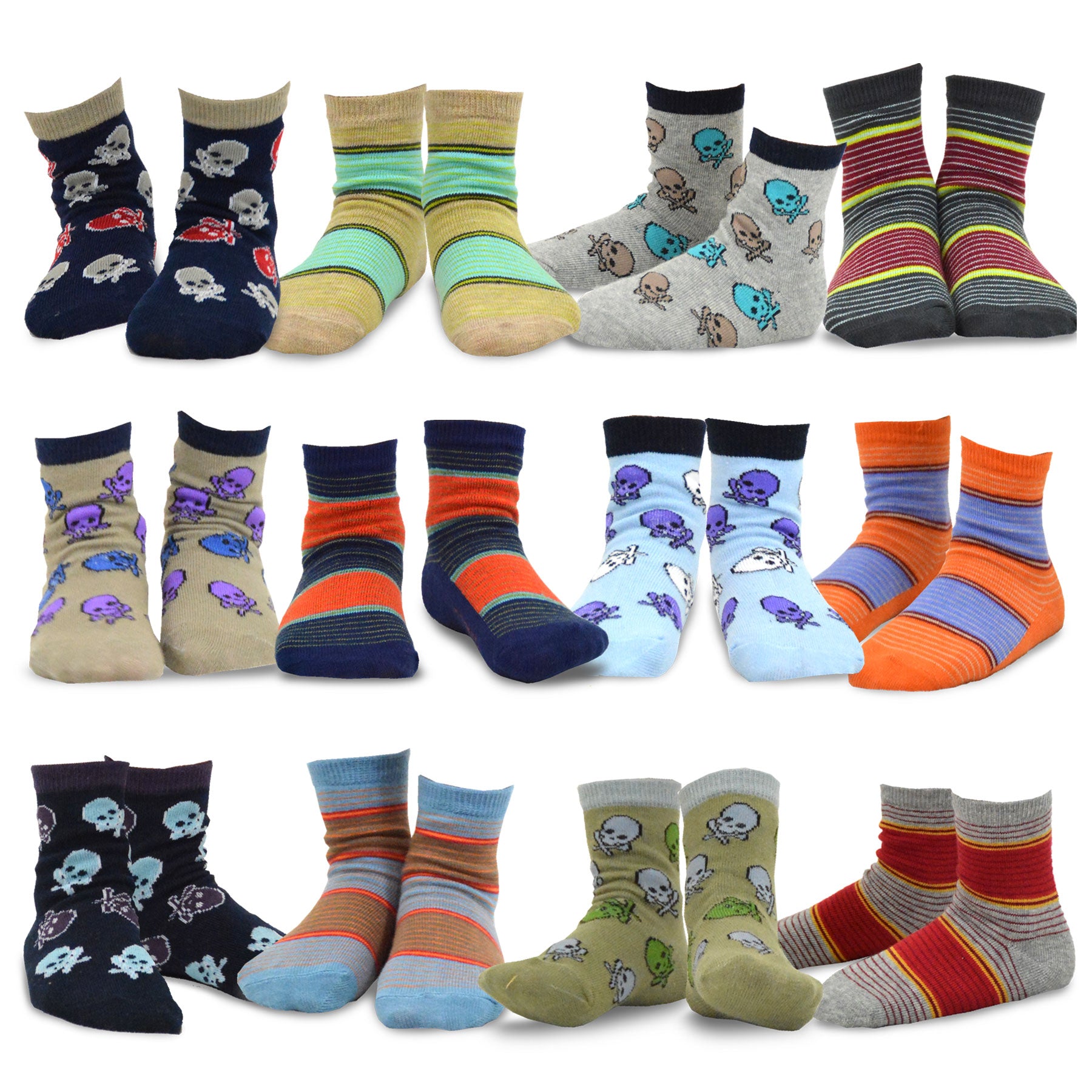 TeeHee Kids Boys Cotton Fun Crew Socks 12 Pair Pack (6-8 Years, Multi Stripe & Skulls)
