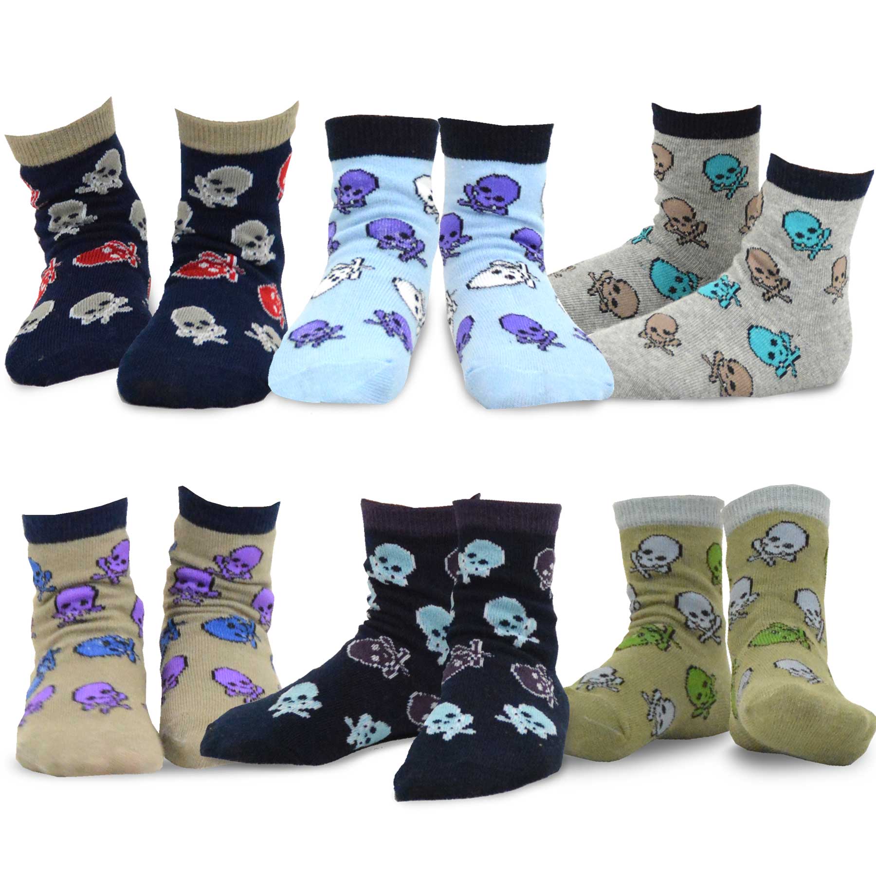 TeeHee Kids Boys Cotton Fun Crew Socks 12 Pair Pack (6-8 Years, Multi Stripe & Skulls)