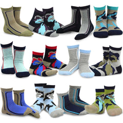 TeeHee Kids Boys Cotton Fun Crew Socks 12 Pair Pack (Bold Lined Sport & Camo)