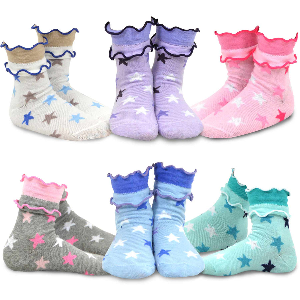 TeeHee Little Kids Girls Cotton Crew Overlock Top Ruffle Socks 6 Pair Pack