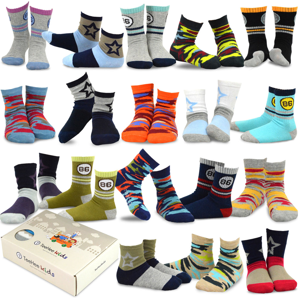 TeeHee Kids Toddler and Boys Socks Sports and Fun Cotton Crew Socks 18 Pair Pack with Gift Box