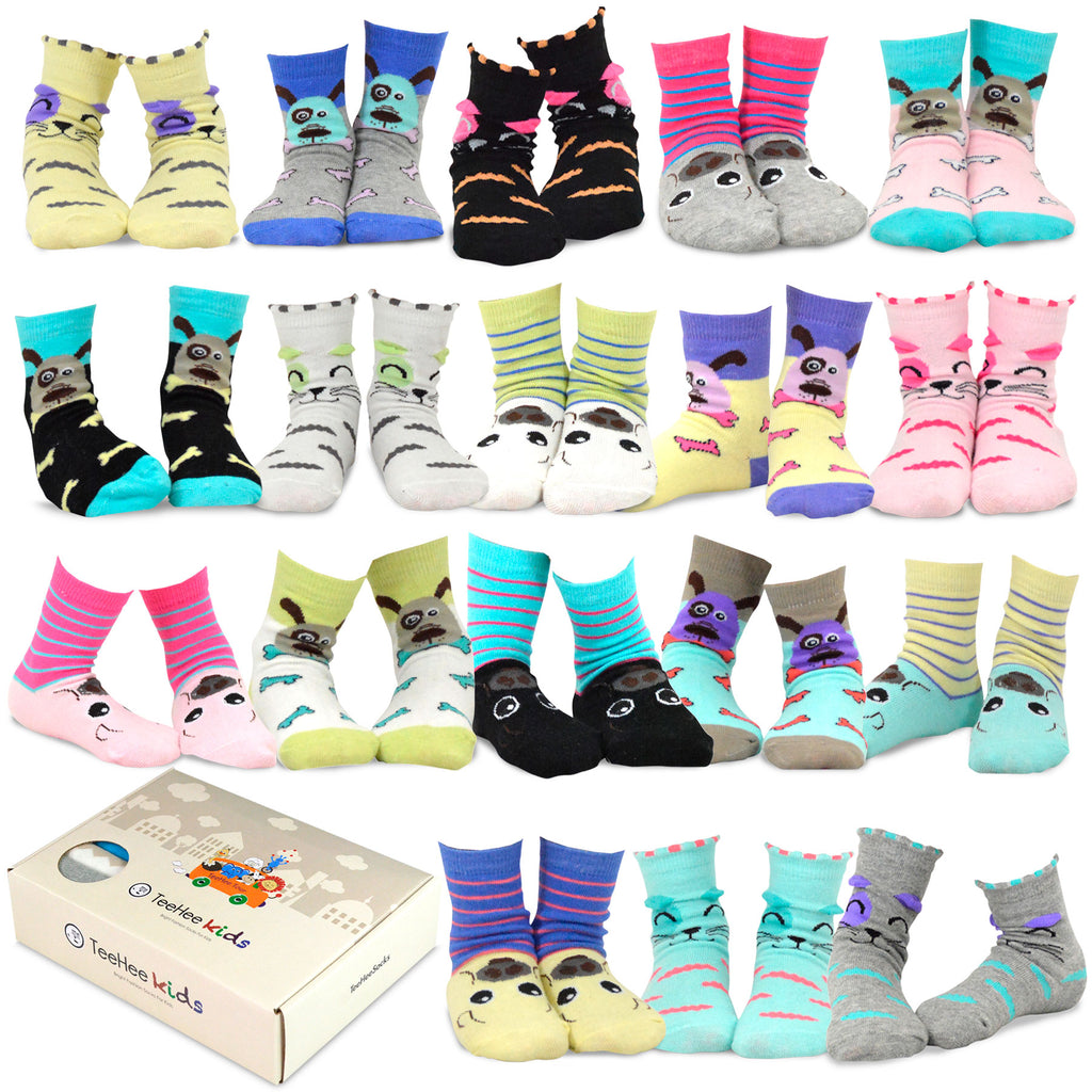 TeeHee Girls Toddler Kids Socks Cute Dog Socks and Fun Cotton Crew Socks 18 Pair Pack with Gift Box