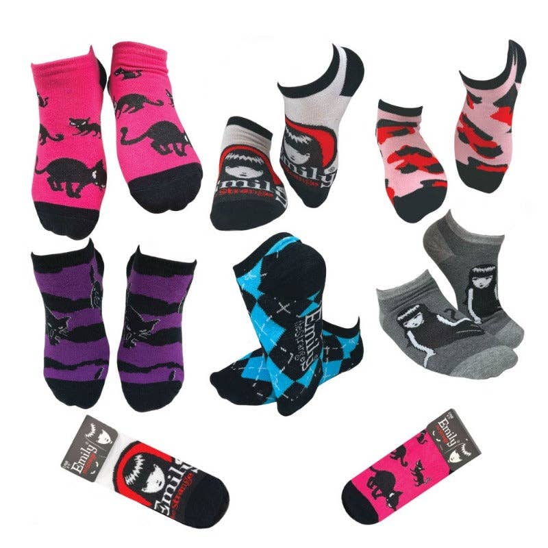 [Emily the Strange] Women’s Colorful Cat Pattern No-Show Socks – 6 Pair (3036)