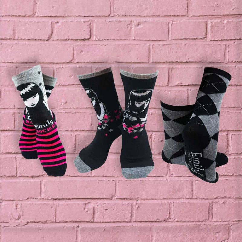 [Emily the Strange] Pink Stripe, Flower & Argyle Crew Socks – 3 Pair (2067)