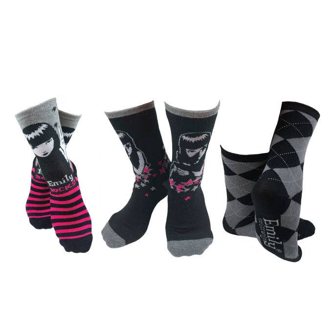 [Emily the Strange] Pink Stripe, Flower & Argyle Crew Socks – 3 Pair (2067)