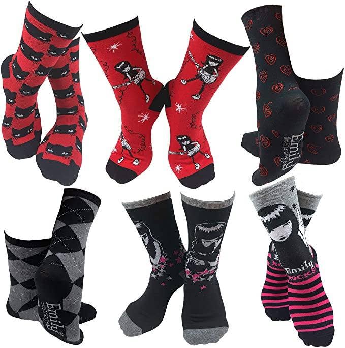 [Emily the Strange] Fun Colorful Patterned Crew Socks – 6 Pair (3022)