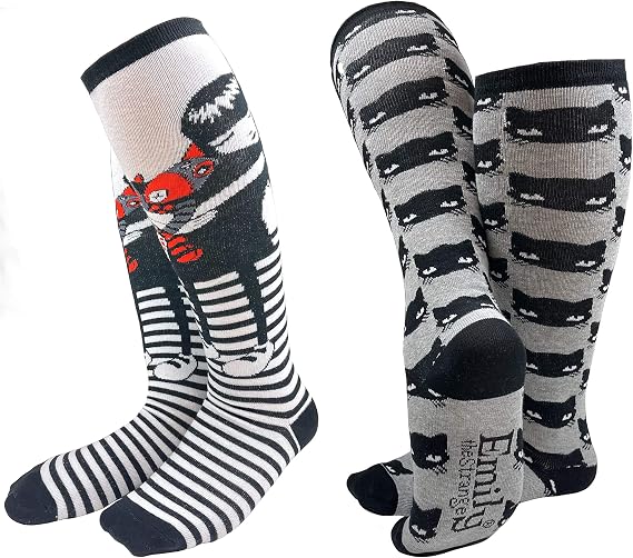 [Emily the Strange] Women’s Striped Emily & Black Cat Knee-High Socks – 2 Pair Pack