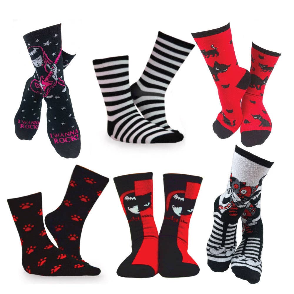 [Emily the Strange] Fun Colorful Patterns Crew Socks – 6 Pair (3021)