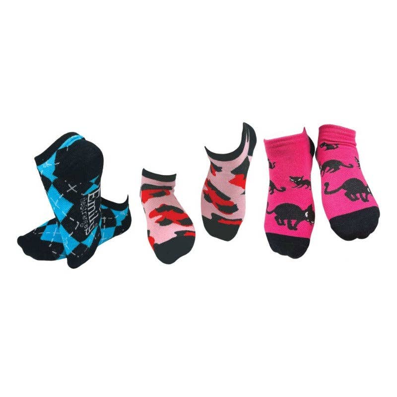[Emily the Strange] Women’s Colorful Cat Argyle No-Show Socks – 3 Pair (2073)