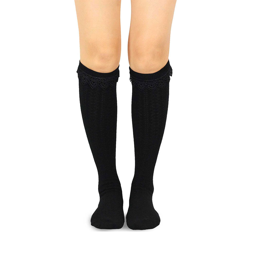 Black Ruffle Lace Top Cotton Knee High Socks