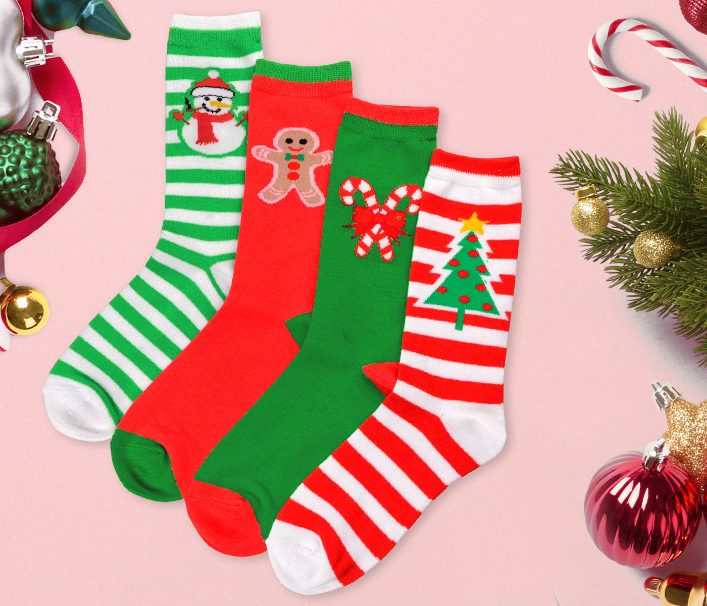 DoodleUS Christmas Kids 4 Pack Cotton Crew Holiday Santa Socks Reindeer Tree and Candy Cane Socks