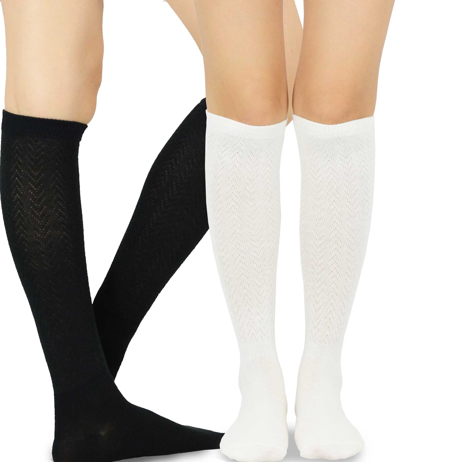 2 Pair Women's Casual Cotton Knee High Rib Pointelle