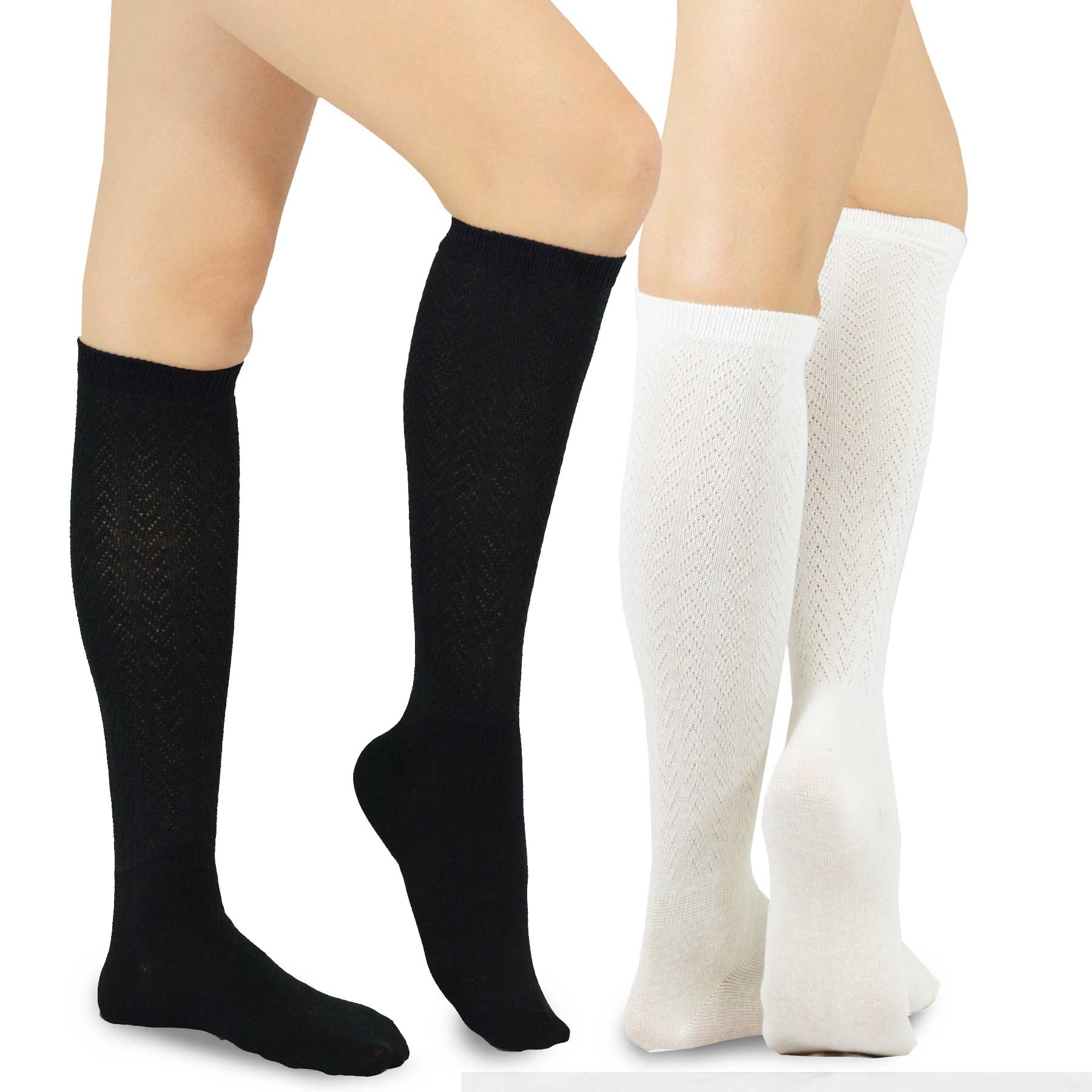 2 Pair Women's Casual Cotton Knee High Rib Pointelle