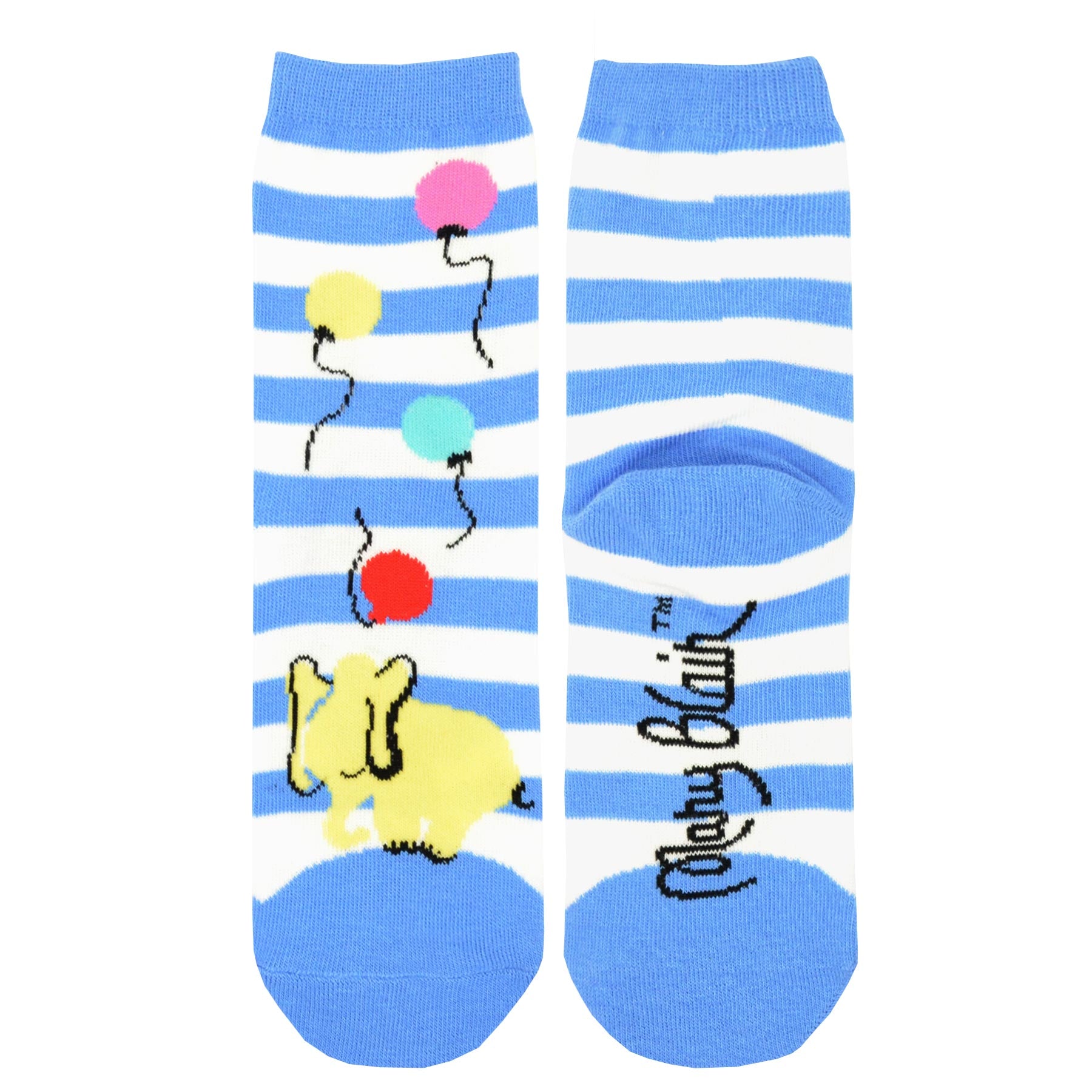 Mary Blair Playful Elephant with Balloons Blue Striped Novelty Kids Cotton Crew Socks