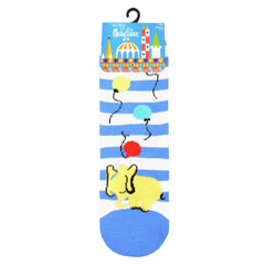 Mary Blair Playful Elephant with Balloons Blue Striped Novelty Kids Cotton Crew Socks