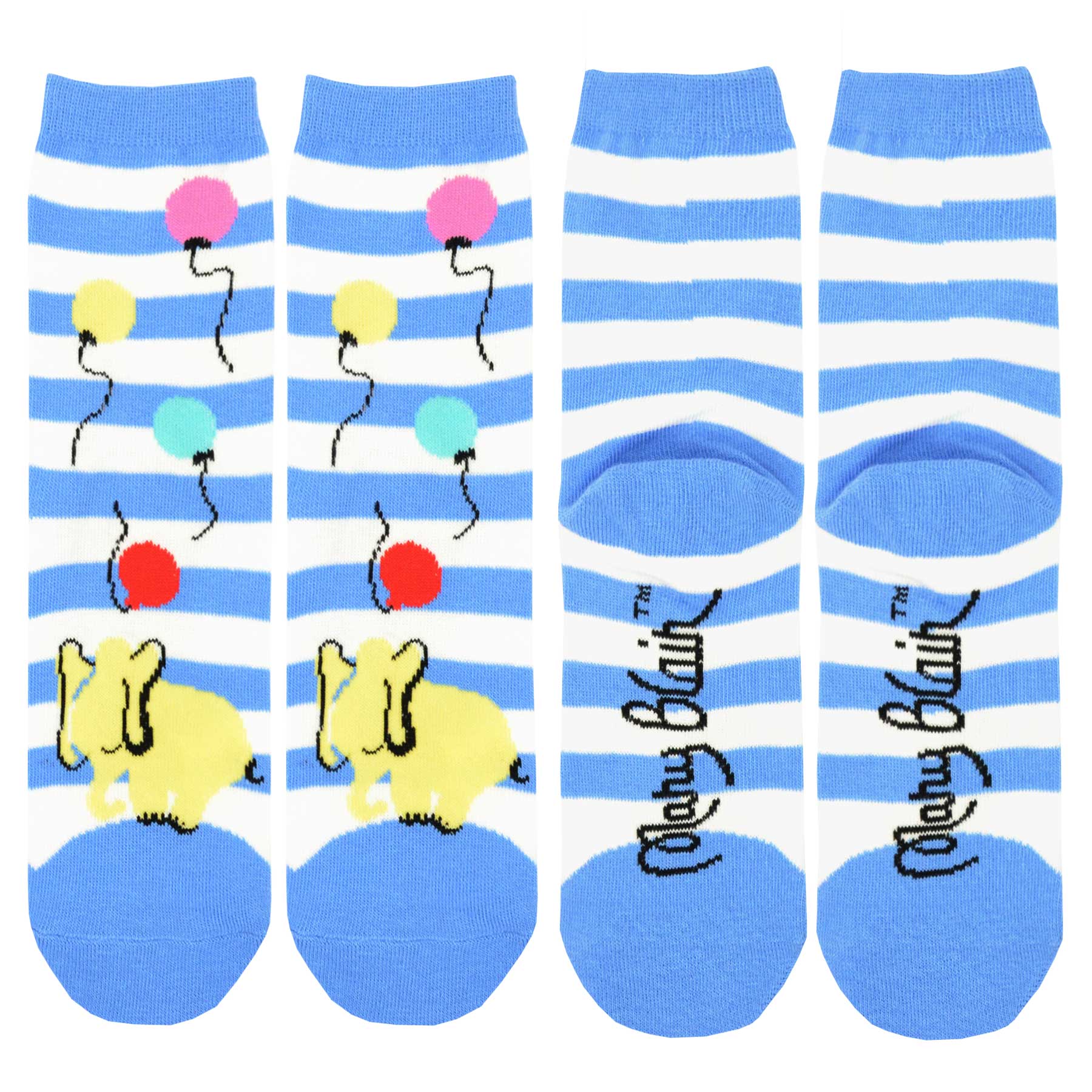 Mary Blair Playful Elephant with Balloons Blue Striped Novelty Kids Cotton Crew Socks