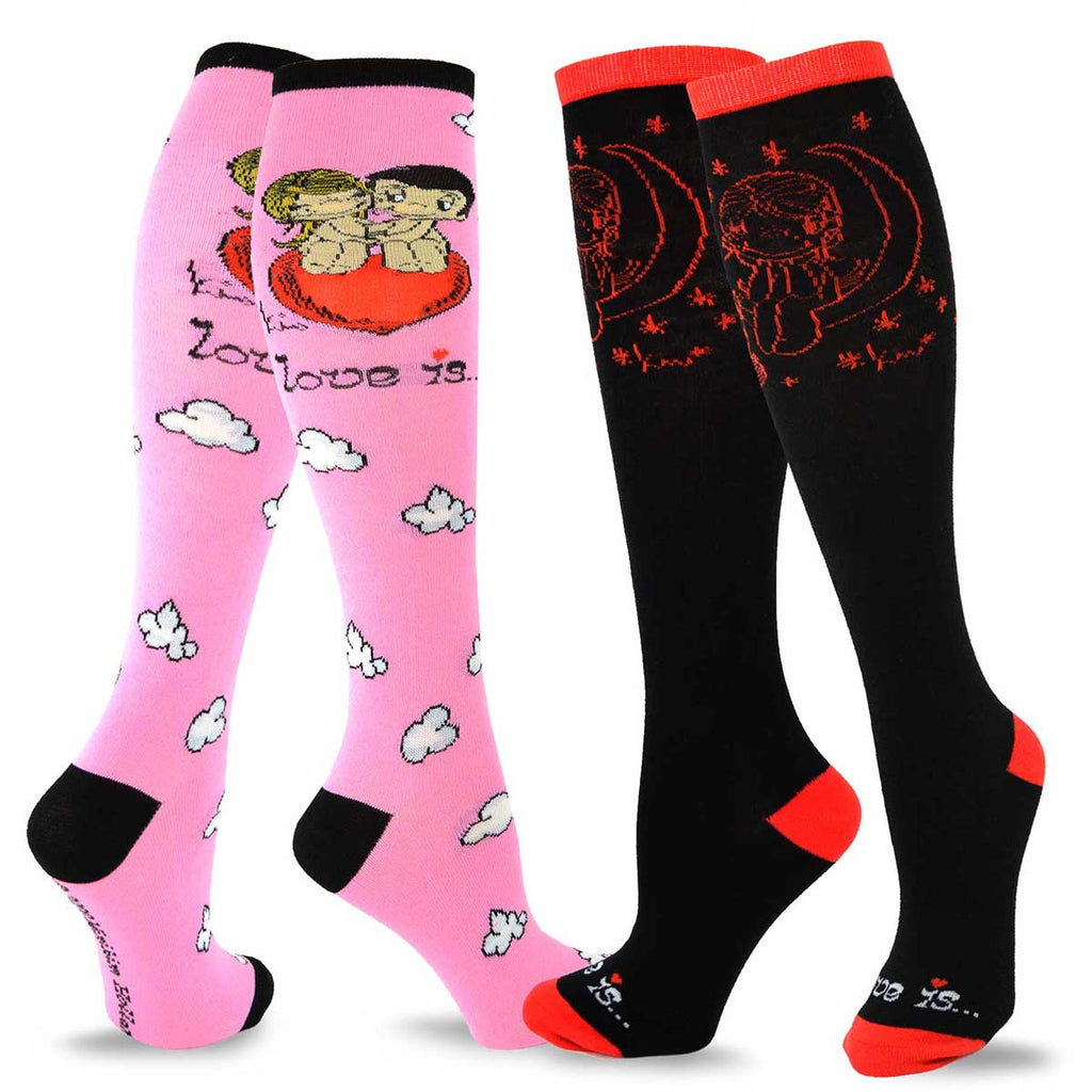 Love Is Valentine's Day Hearts and Love Women's Cotton Knee High Socks 2-Pair