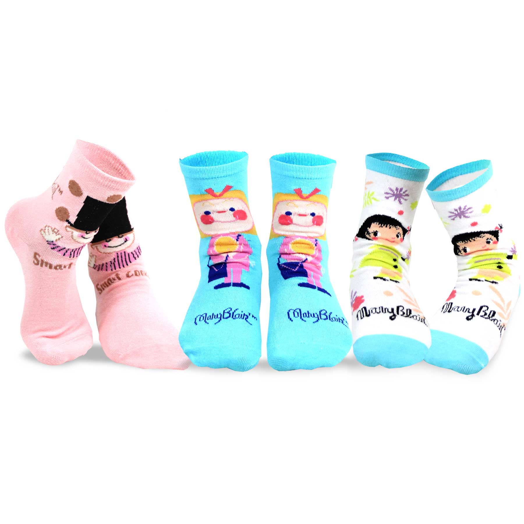 Mary Blair 3-Pack Set Pink and Blue Magic and Whimsy Novelty Kids Cotton Crew Socks
