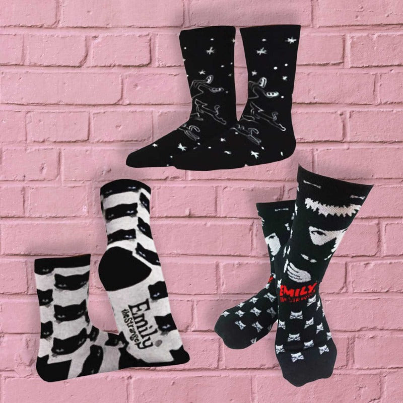 Emily the Strange Girl's Cute Fun Colorful Cat Crew Socks - 3 Pair (Adult Size)