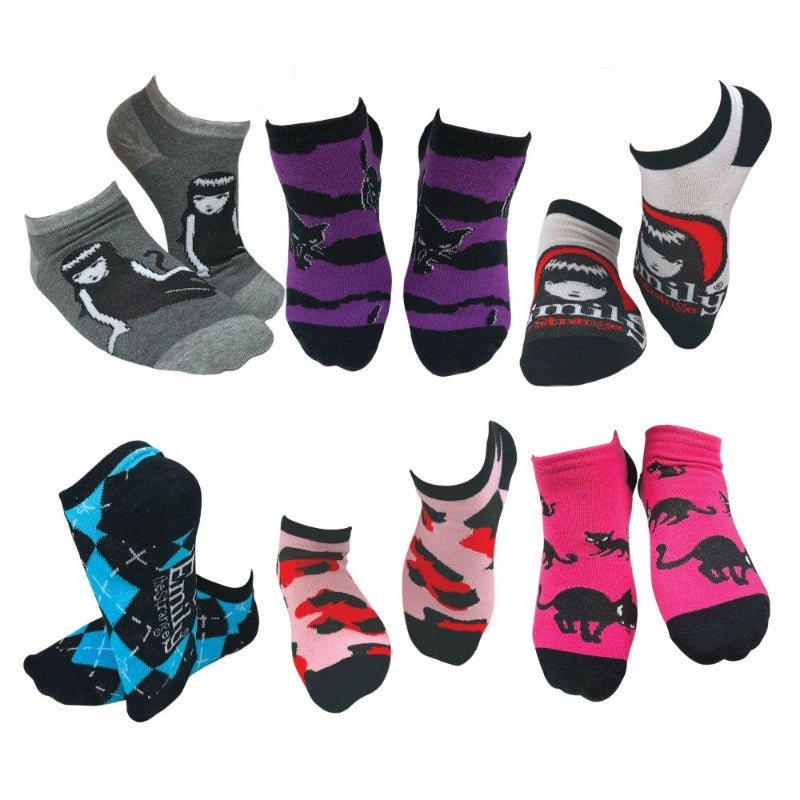 Emily the Strange Fun Casual Black Cat Ankle No-Show Socks - 6 Pair (Adult Size)