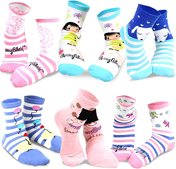 Mary Blair Kids' Girls Fun Cotton 6-Pair Novelty Kids Cotton Crew Socks (Kids Size)