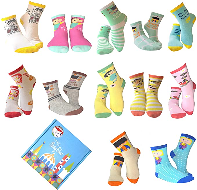 Mary Blair 12-Pack Set Novelty Kids Crew Socks Options (Kids Size)