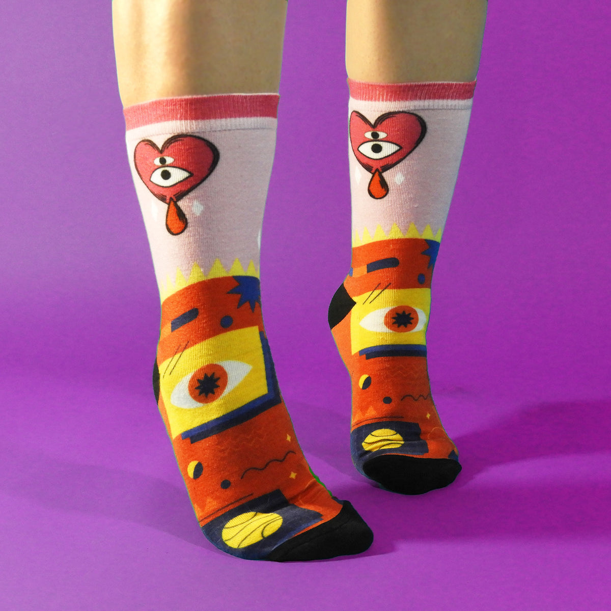 Pink Heart Pattern Printed Crew Socks