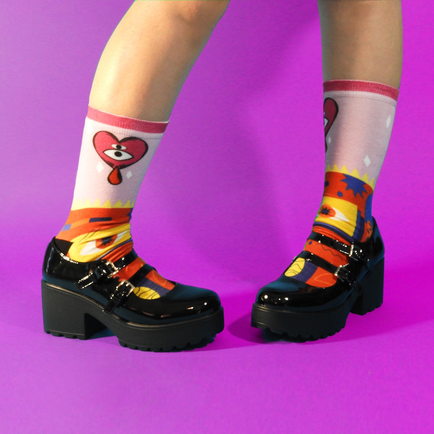 Pink Heart Pattern Printed Crew Socks