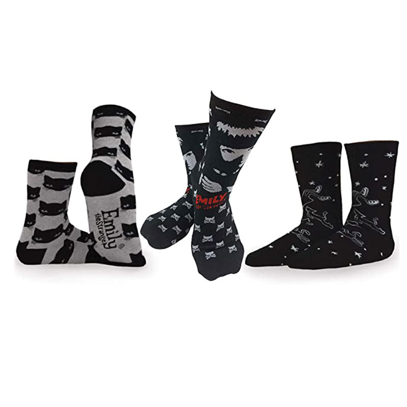 [Emily the Strange] Grey Stripe, Cat Faces & Bats Crew Socks – 3 Pair (2069)