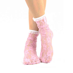 Pink Casual Cotton Short Crew Lace Slouch