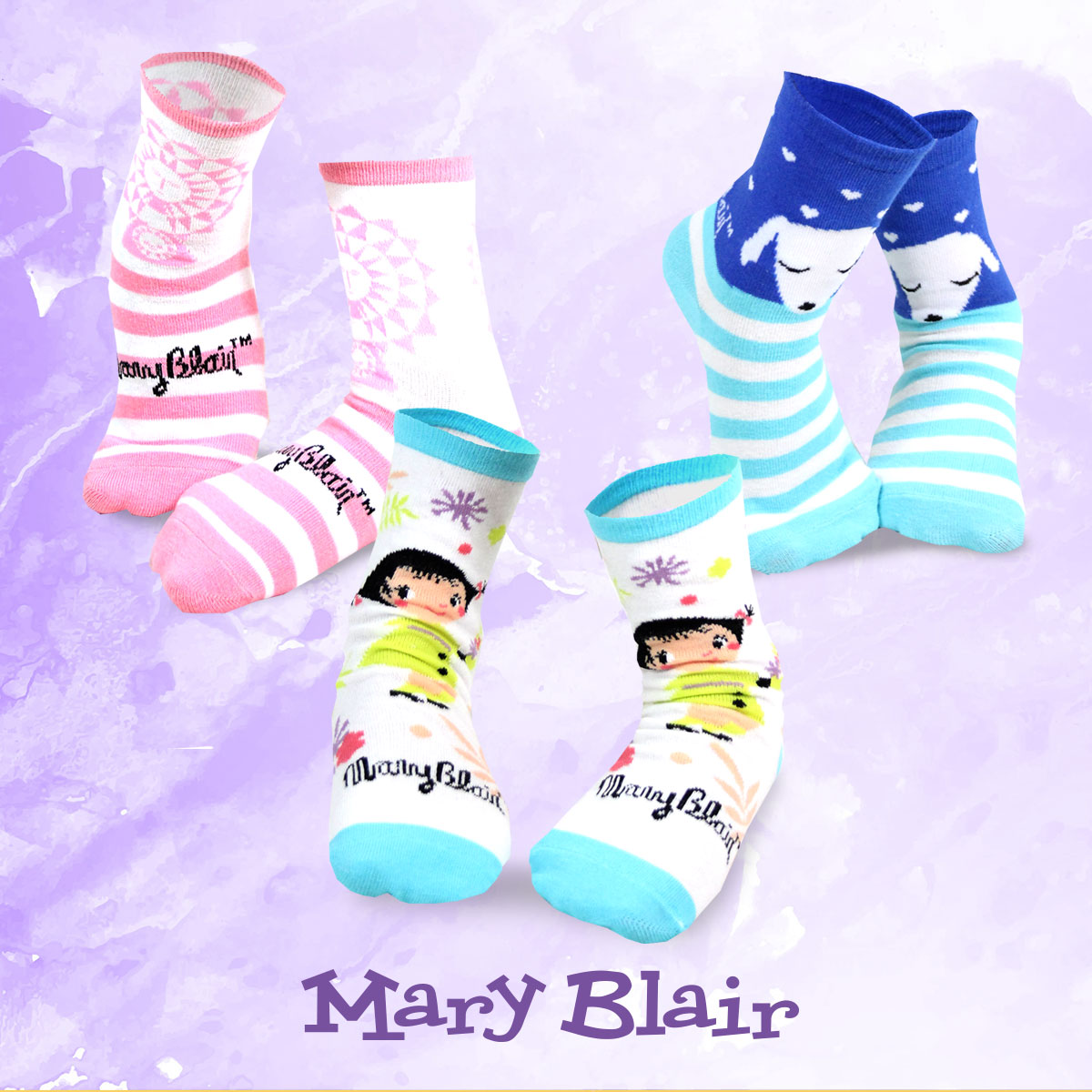 Mary Blair 3-Pack Set Pink and Blue Magic and Whimsy Novelty Kids Cotton Crew Socks